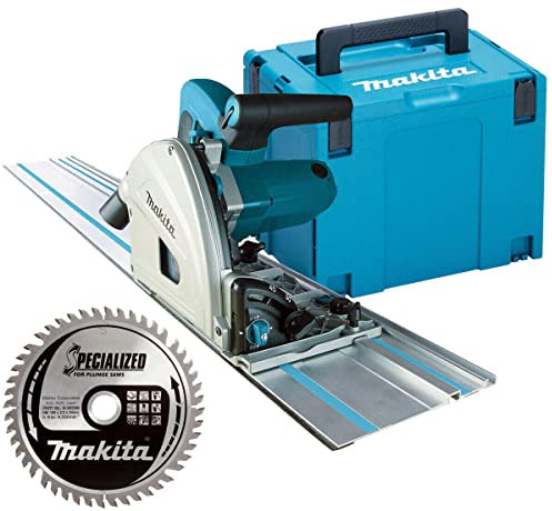 Makita Sierra de inmersión, SP6000J2, 165 mm, 240 V, riel guía de 1,5 m, hoja 48T, eléctrica, capacidad biselada, corte cerca de la pared, diseño resistente a la punta, conectable a la aspiradora