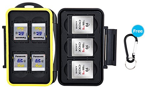JJC Memory Card Case Water-resistance Carrying Holder 7 Slots Storage 4 PCS SD/SDHC/SDXC Cards and 3 PCS XQD Cards Protector Box with Carabiner