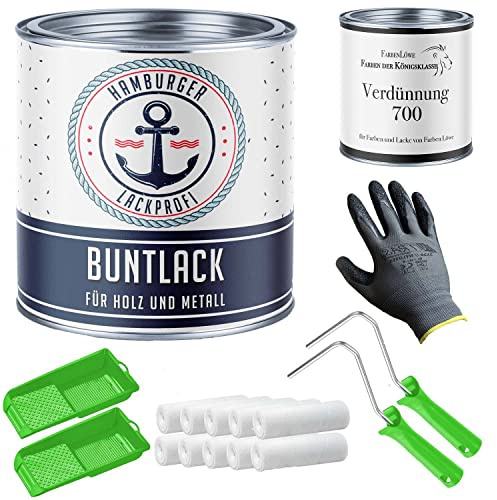 Kulörlack sidenmatt för trä och metall vit RAL 9010 vit metallack metallfärg trälack träfärg med kit (X300) och Förtunning (1 L) (2,5 L) Hamburger Lack-Profi