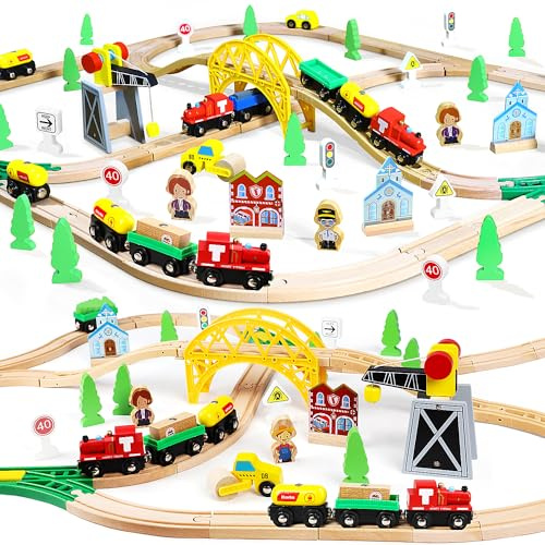 TOY Life Wooden Train Set 60pcs with Magnetic Crane, Wooden Train Tracks Toys for Toddlers Boys Girls 3 4 5, 3 Year Old Boy Gift, Wood Toys Toddler Train for Kids 4-8 - Fits Thomas Brio Chuggington