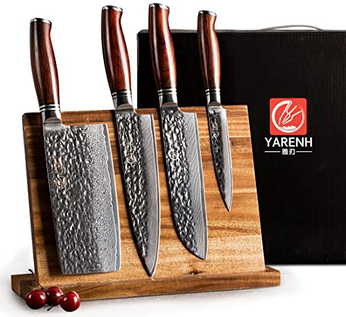 YARENH 5 Pièces Set Couteau Cuisine, Acier Damas 73 Couches Avec Poignée en Bois, Ensemble de Couteaux Professionnel Avec Bloc en Bois - Série HTT