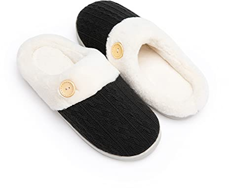 Chantomoo Womens Slipper Warm Comfy Memory Foam House Slippers Knitted Shoes Faux Fur Lined Anti-Skid Rubber Sole Bedroom Cozy Indoor Outdoor Slippers Black Size 9 10 8.5
