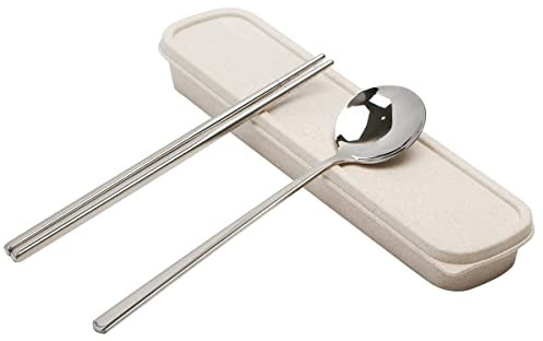 EXZACT Baguettes et cuillère dans un étui de transport, couverts en inox18/10 - VoyageBureau École Boîte à déjeuner - Bento coréen et japonais- Passe au lave-vaisselle