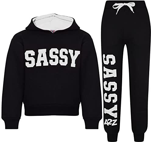 A2Z 4 Kids Girls Tracksuit Tie Dye Sassy Fleece Hooded Crop Top - T.S Crop Sassy BK White 11-12