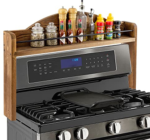 MyGift 33 Inch Deluxe Rustic Burnt Solid Wood and Black Metal Wire Bar Stove Top Spice Rack, Space Saving Over The Oven Range Stovetop Storage Display Shelf