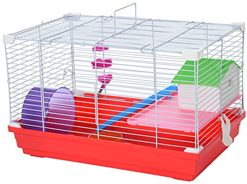 PawHut Jaula para Hámster, Casa para Roedores Pequeños con Rueda de Ejercicio, Cuenco, Bebedero, Casita, Rampas, Plataforma, Bandeja Extraíble, para Jerbos, 47x30x27 cm, Rojo