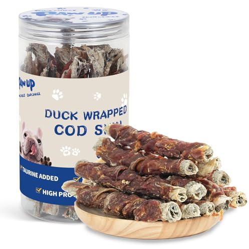 PAWUP Cod Skin Dog Treats with Duck Dog Snacks High Protein and Omega-3, Natural Dog Chews w/Taurine, 12.5 oz (12-15 Count)