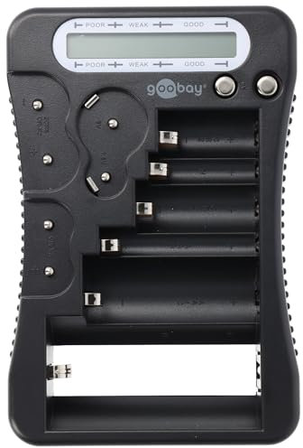 Goobay 64889 Batterietester für alle Batterien & Akkus Batterietester für AAA/AA/C / 9V / D/N & 1,5V Knopfzelle Batterieprüfgerät LCD Display Schwarz