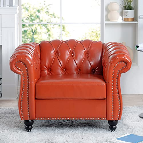 PDNOSC Leather Chesterfield Chair, Single Sofa Chair with Nailhead & Rolled Arm with Extra Deep Seats, Mid Century Modern Tufted Faux Leather Couch for Living Room,Bedroom,Reading Room