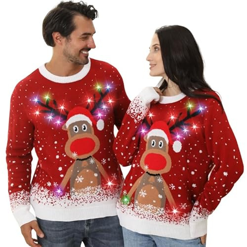 Kouric Pull Moche de Noel Femme Homme,Pull de Noel Lumineux LED,Unisexe Pulls de Noël Drole,Pull Noel Moche Couple Assortis,Pull Noel Famille Hiver Chaud Col Rond Cute Renne Rouge-L