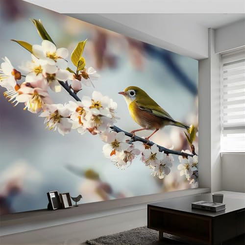 Fleece fototapet djurfotografering messa fågel aprikosträd tapet 500 x 280 cm (B x H), djurfotografering fototapet sovrum vardagsrum fibertapet väggtapet bildtapet 3D-effekt väggdekoration