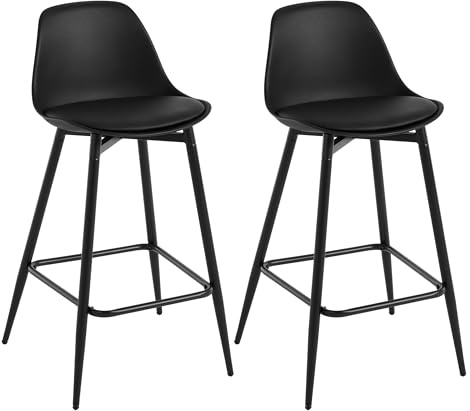 Klihome Sgabelli da Cucina, Sgabelli da Bar Set di 2, Sgabelli da Bar per Colazione con Schienale, con Sedile in PP Imbottito e Struttura in Metallo con Poggiapiedi, Nero, K0001BH-2