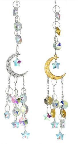 FDGGT Pack De 2 Coles De Luna Y Estrella, Coles para Decoración De Ventanas, Coles De Cristal, Adornos para Jardín, Coles para Decoración con Purpurina