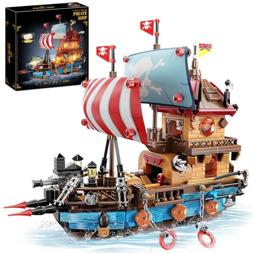 Piratenschiff Baustein Set mit LED-Licht,916 Teile Piratenschiff Klemmbausteine Mittelalterliches Segelschiff Modell Piraten Abenteuer Bauspielzeug Kreative Geschenk für Erwachsene und Jugendliche