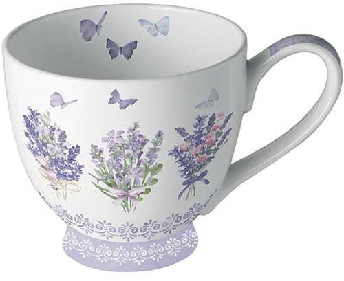 Ambiente Tasse en porcelaine d'environ 450 ml Tasse en porcelaine pour thé ou café Printemps été Floral Lovely Lavande blanc