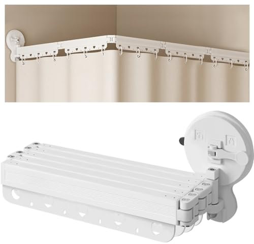 EHERDM Wandmontierte, faltbare Duschvorhangstange, stanzfreie Saugnäpfe, 360° faltbar, Duschvorhangstange für Badezimmer, Ecke, Badewanne, einziehbarer Wäscheständer, 5-fach, 172,7 cm