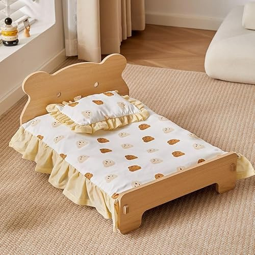 Aexpath Letto per Animali Domestici da Interno per Gatti e Cani di Piccola e Media Taglia, Letto in Legno con Materasso di Cotone e Materassino Estivo, Orso L