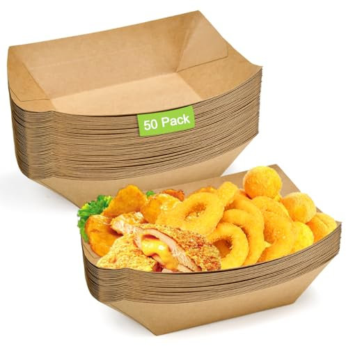 Huucozn 50 PCS Cuencos Aperitivos Desechables, Platos para Aperitivos Desechables, Cuencos de Papel de Estraza para Alimentos, Cuencos Aperitivos Carton para Freír, Picnic- 16,7 x 12 x 4 cm