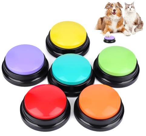 Gaethra Buzzer med inspelningsfunktion (30 sekunder. ), 6 stycken set med hundknappar att prata, hundar intelligensleksak och interaktiv träningsleksak, Buzzer hund för kommunikation och lärande