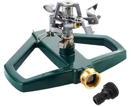 Irrigatore a impulsi da giardino con supporto in metallo, rotazione a 360 gradi, base automatica per irrigazione per cortile, prato, erba (argento)