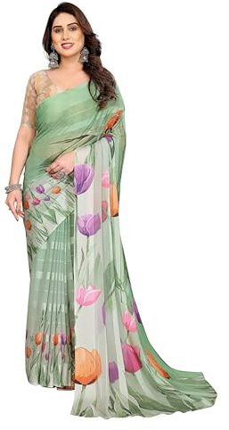 ETHNICMODE Indian Saree For Women Printed Georgette Light Weight Jari Party Wear Green Sari With Unstitched Beige Blouse Piece-1186
