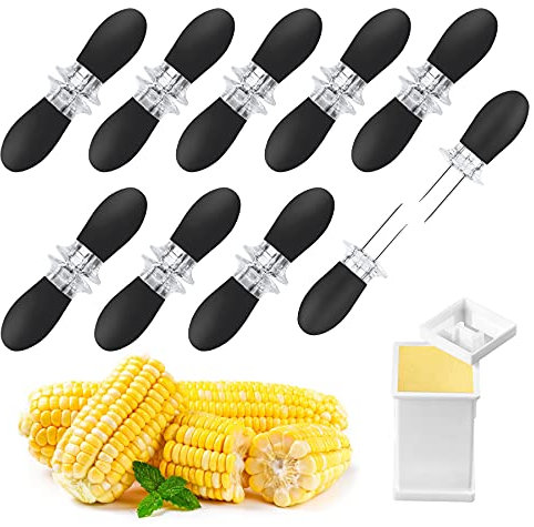 AUGSUN 18Pcs/9Pairs Black Corn Holders, Stainless Steel Corn Cob Holders Corn on The Cob BBQ Fork Skewers with Butter Spreader for Home Cooking Parties Camping