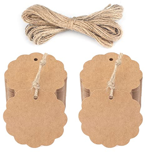 200 pezzi Etichette Rotonde in Carta Kraft 6x6cm, Tag Regalo Cartoncino e Spago di Iuta, per l'artigianato Matrimoni Battesimo Natale (Marrone)