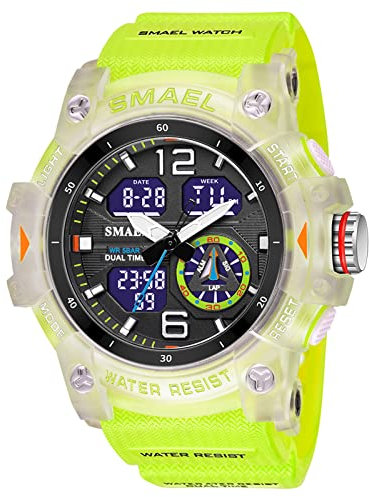 Herren Uhren Digital Analog GroßEs Zifferblatt Uhr 5atm wasserdichte Military Sport Armbanduhr Mit Wecker Stoppuhr Led-Licht Date Week,Fluorescent Green