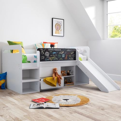 happybeds Wooden Mid Sleeper, Jake White Wooden Mid Sleeper With Slide Bed, 3ft Single