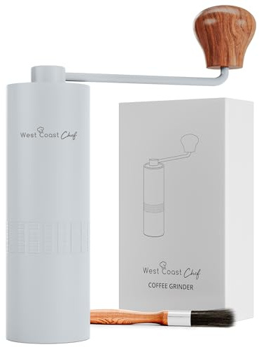 West Coast Chef Manual Coffee Grinder - Manual Burr Grinder, Portable Coffee Grinder Manual - Espresso Hand Grinder Coffee - Manual Coffee Bean Grinder - Travel Coffee Grinder Hand (White)