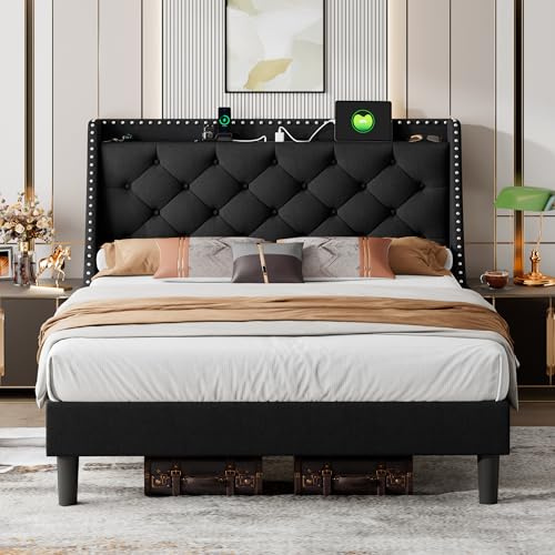 iPormis Queen Bed Frame with 16 Comfort Wingback & Charging Station,Upholstered Platform Bed with Button Tufted Storage Headboard, Solid Wood Slats Support, No Box Spring Needed, Black