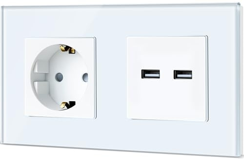 TAWOIA Schuko Wandsteckdose,1 Fach mit Doppelter USB 5V x 3,1A (Max 15W）,Kristallglas Rahmen Unterputzdose,Steckdose für,16 A,Steckdose mit USB Weiß,86 * 157 mm