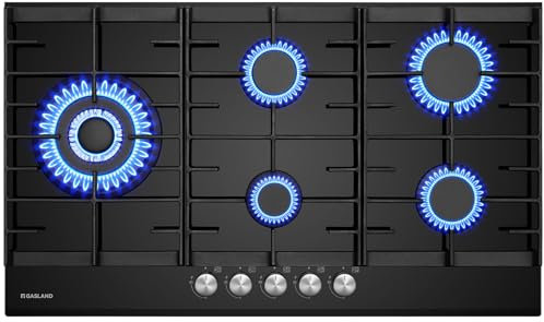 GASLAND GH2905BG1FC Glas Gaskochfeld 5 Flammig, Gas Kochfeld mit Wok Brenner, Einbau Gaskochfelder, 87cm Schwarz Glasherd, Gas Kocher mit 2 Stützen, Butan-Gasherd 10400 Watt, LPG/Erdgas
