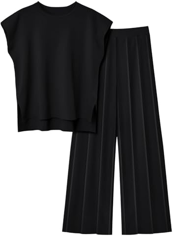 Veriliss Two Piece Outfits for Women Co Ord Sets Knited Sweater Set Tracksuit Pullover Tops Elastic Waisted Pants Lounge Wear(Black,XL)