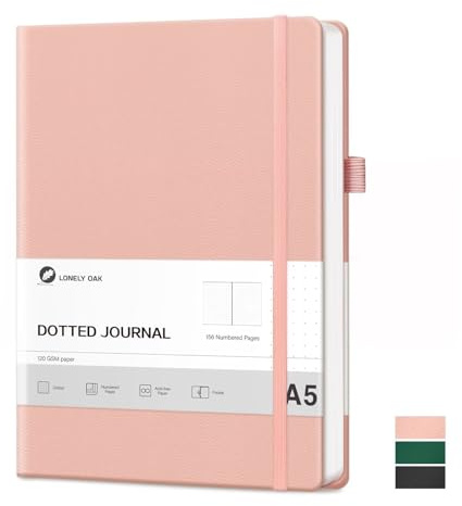 Lonely Oak Notizbuch A5 Hardcover Bullet Dotted Journal 120g/m²Dickes Premium Säurefreies Papier, 156 Seiten Journal mit Gummiband & Innentasche, 14,5 x 21,3 cm (Rosa)