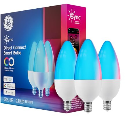 GE Cync Smart LED Light Bulbs, Color Changing Decorative Light Bulbs, Indoor WiFi Lights, Matter Compatible, Compatible with Alexa and Google Home, Candelabra Base (3 Pack)