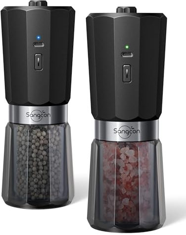 Sangcon 2 Velocità Set Macina Sale e Pepe Elettrico a Gravità, 800 Mahmacina Pepe Ricaricabile ad Alta CapacitàH, 5 Livelli di Grossolanità Regolabili Esternamente, Macinatura Automatica con Una Mano