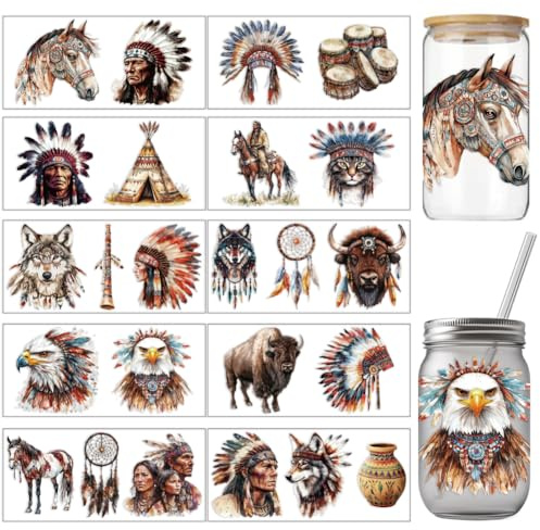 arricraft 10 Pz Animali Tribali Modello PVC Tazza Transfer Adesivi, Colorato Nativo Americano Stile UV Impermeabile Tazza Adesivo per 16 oz Vetri Finestra Decorazione Casa