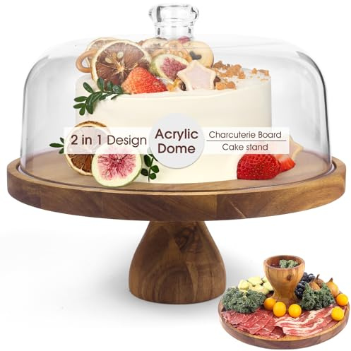 WEIFUTCH Acacia Wood Cake Stand with Lid, 12in Round Cake Holder, 2-in-1 Cake Plates with Acrylic Dome, Dessert Table Display Set for Party Birthday Kitchen Wedding