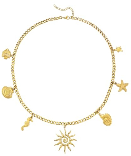 Emibele Collana Dorata da Donna, Collana con Conchiglie e Ciondoli a Stella Marina, Acciaio Inossidabile Placcato Oro 18K, Antiossidante, per Spiaggia, Estate, Vacanze, Festa in Piscina