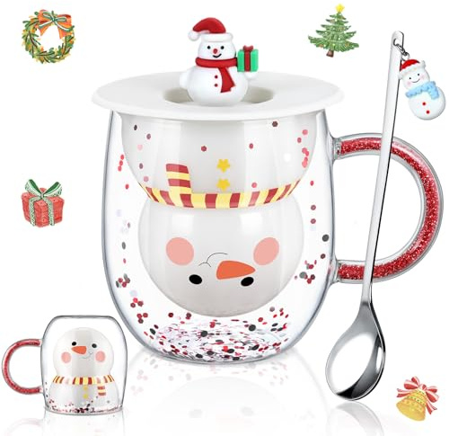 Ecooe Tazza di Natale a forma di pupazzo di neve, bicchiere da caffè a doppia parete, 240 ml, regalo di Natale, tazze per donne, uomini, bambini, bicchiere con coperchio e cucchiaio per cioccolata