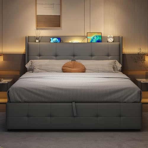 Ball & Cast Ottoman King Size Bed Frame with Storage, 5ft Upholstered Bed Frame with Concealed Headboard Storage & Hydraulic, Charging-Station and LED-Night Light, PU, 150 * 200cm, Grey, (No Mattress)