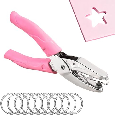 Star Hole Punch for Paper Crafts - Single Shape Metal Handheld with 10pcs 25mm Binding Rings | Portable Card Making Tool for Scrapbooking, Gift Wrapping & DIY Projects (Pink)