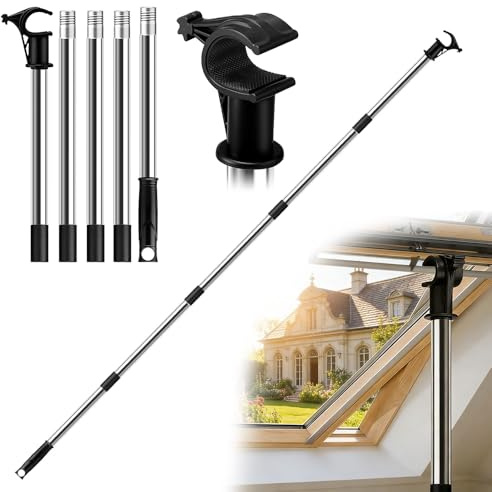Teleskopstång, takfönster, manöverstång, SGZIOO 1,86 m, fönsterhandtag, förlängning med takkrok, rostfritt stål, fönsteröppnare, stång, teleskopstång, fönster öppnas för Velux GGL/GGU takfönster och