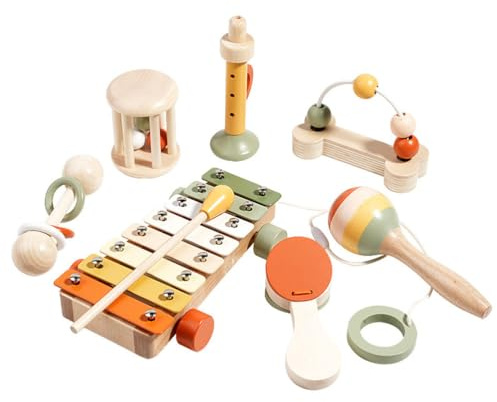 LLTCMYGS Montessori 7-delars set med trä-musikinstrument, Orff-babyrassel och slagverksleksaker,