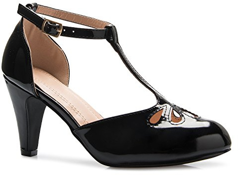 Olivia K Women's Low Heels Mary Jane Pumps - Adorable Vintage Shoes- Unique Round Toe Design with an Adjustable T Strap Black Patent
