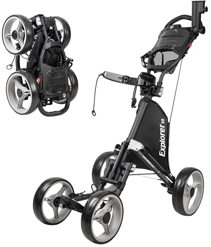 Caddytek Explorer V8 Golf Push Cart - SuperLite 4 Wheel Aluminum Foldable Cart with Adjustable Front Wheel Width, Foot Brake, Cooler Basket, Umbrella Holder, Drink Holder, Scorecard Console