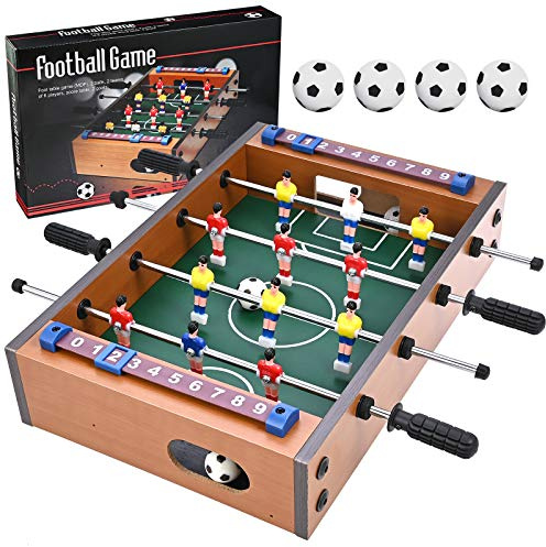 GOLDGE Calcetto da Tavolo, Biliardino Calcio Balilla per Bambini e Adulti | Calcetto Multigioco con 4 Palloni da Calcio, 34.5 * 23 * 8 cm, Legno, Multicolore, Regali di compleanno Natale