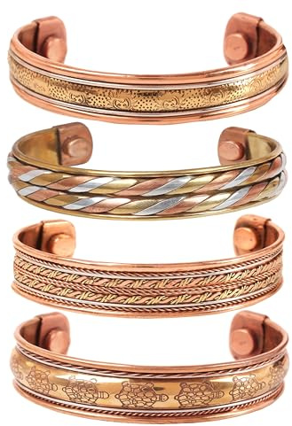 Touchstone Bracelet magnétique en cuivre de style tibétain. Forgé à la main avec du cuivre pur solide et de haute qualité. Ensemble de 4 modèles différents en 3 métaux.