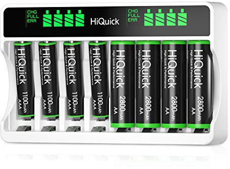 HiQuick Akku Ladegerät mit AA Akku 4 Stück und AAA Akku 4 Stück, für Mignon AA, Micro AAA NI-MH/NI-CD wiederaufladbar Batterien, 8-Ladeplatz mit LCD Anzeige